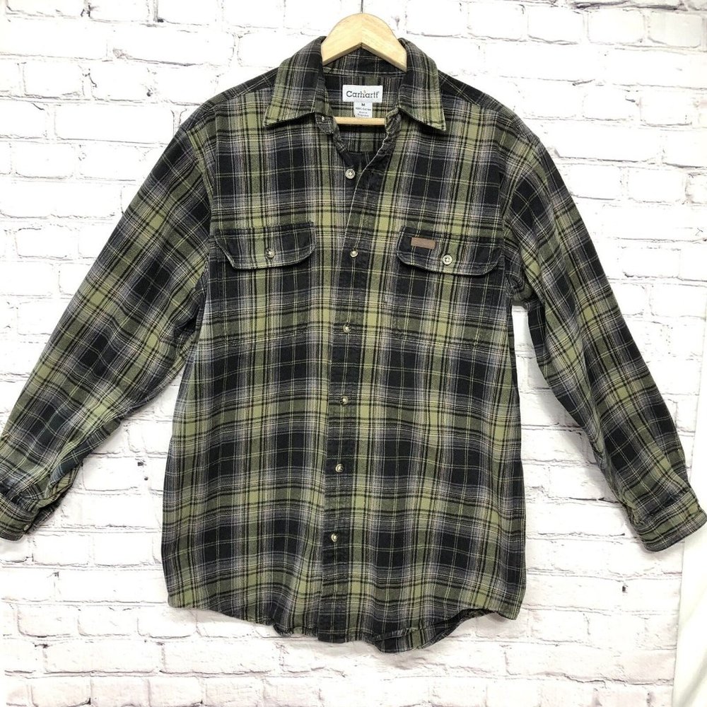 Carhartt Flannel Thick Heavy Cotton Long Sleeve Button Up Shacket Shirt Sz Med